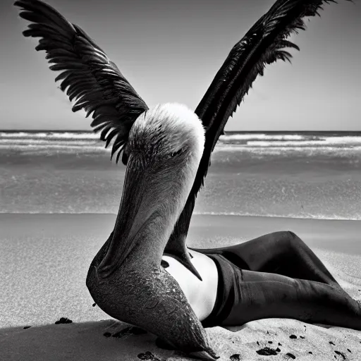 Image similar to a wet plate photo of shrek with tattoos, laying on the beach, pelicans, sunny, tide, beautiful, black and white