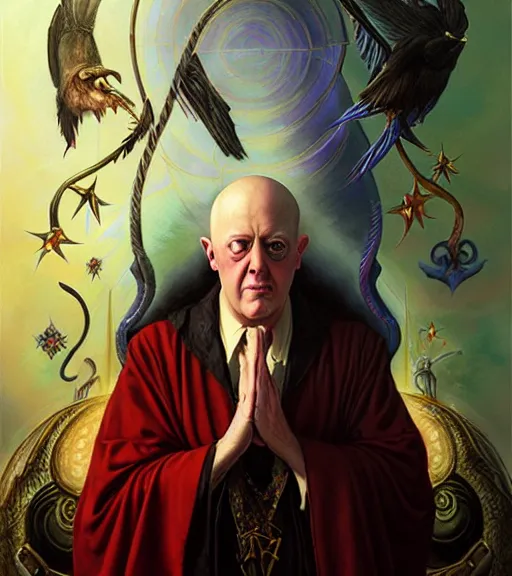 Prompt: A Magical Portrait of Aleister Crowley and the Great Mage of Thelema, art by Tom Bagshaw and Greg Simkins and Donato Giancola