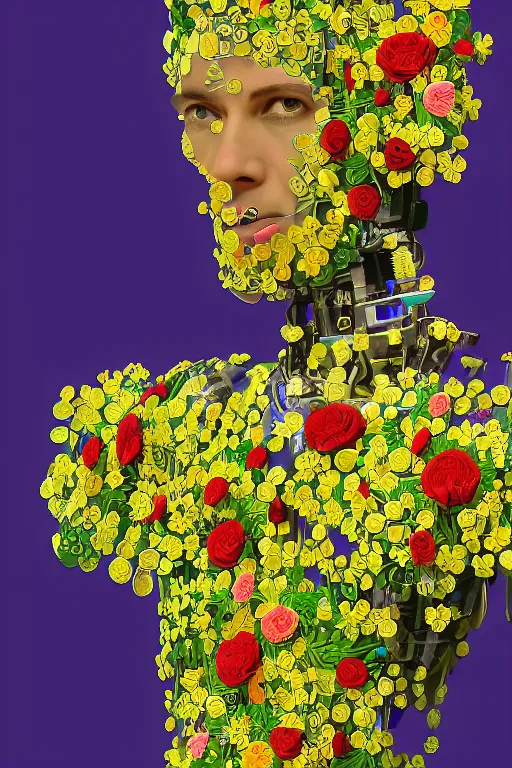 Prompt: a digital painting of a robot wearing a suit made of flowers, closeup, 1965 character portrait by Vladimir Tretchikoff and Lionel Smit, digital illustration, panfuturism, made of flowers, dystopian art, vaporwave