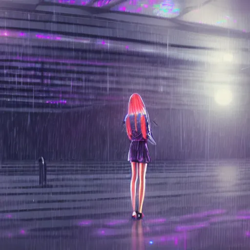 Image similar to hyperdetailed realistic digital painting of a beautiful wet girl wearing a short skirt in the rain interacting with a holographic interface on a wall in a future cyber punk style city trending on art station