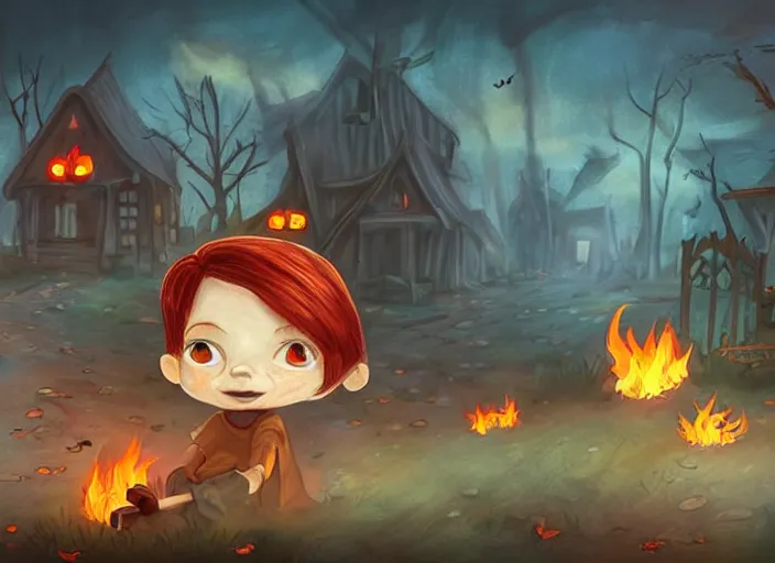 Prompt: little impish friend with fiery hair and matches leads into a spooky neighborhood digital art concept art highly realistic