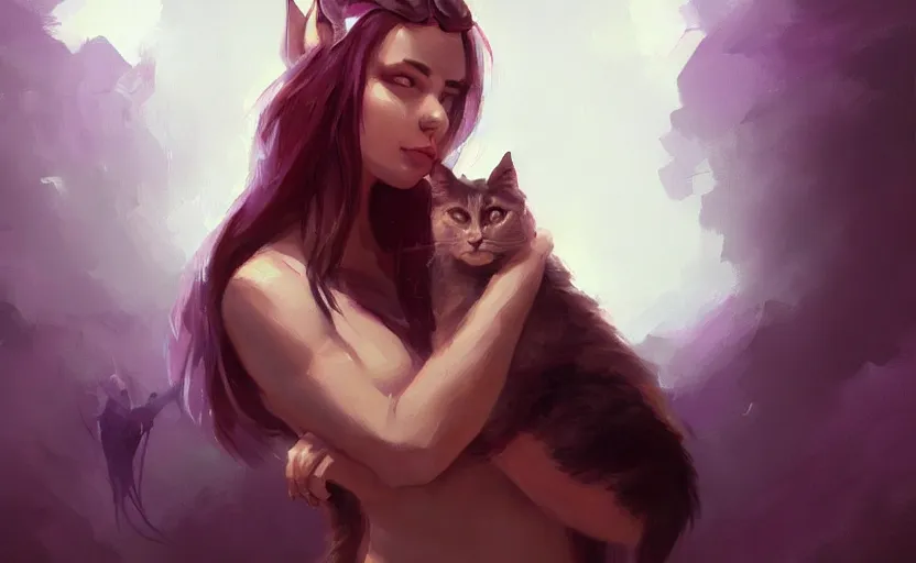 Image similar to a painting of swervy trending on artstation in the style of greg rutkowski, beautiful, sensual, woman with cat, cat ears, purple, portrait