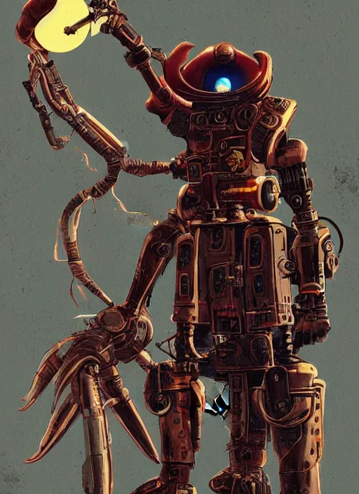 Image similar to a retrofuturism robot hunter from bloodborne in yharnam, style by retrofuturism, faded red and yelow, by malcolm smith