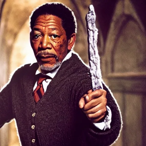 Image similar to still of morgan freeman in harry potter as harry holding a wand