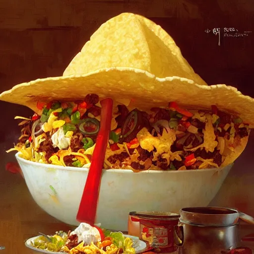 Prompt: a very angry taco salad, by Stanley Artgerm Lau , greg rutkowski, thomas kindkade, alphonse mucha, loish, norman Rockwell