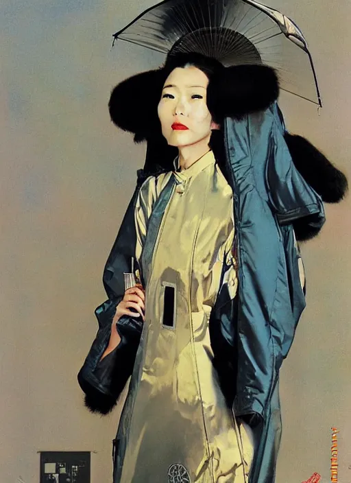 Image similar to a copic maker art nouveau portrait of a japanese pale woman wearing a futuristic balenciaga coat pilot suit with a puffy kimono by john berkey norman rockwell