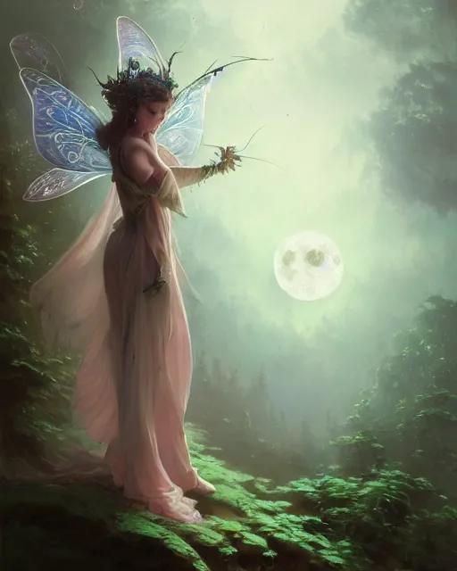 Image similar to a portrait of beautiful fairy goddness fly high in the night, d & d, fantasy, mist, full moon in background, trees, hyper detailed,, midium shot, an oil painting by ruan jia, trending on artstation, concept art, sharp focus, illustration, gaston bussiere, craig mullins, j. c. leyendecker, beautiful lighting