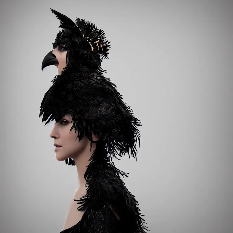 Image similar to hight focus of a wonderful realistic focused sweet wonderful symmetrical mid portrait of a lonely woman with a detailed dress made of a realistic black raven plumes, dramatic light, octane render - 8 k