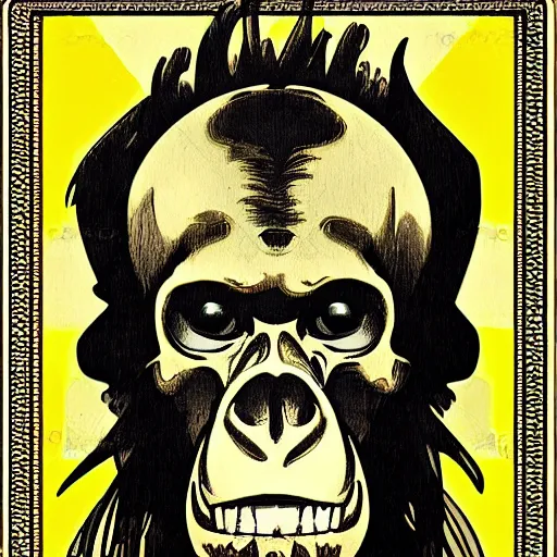 Prompt: ape monkey portrait skull bones in the style of Alphonse Mucha pop art