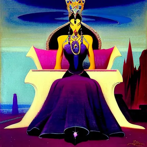 Prompt: a beautiful painting of a queen in a designer dress sitting on a throne, by bruce pennington, by eyvind earle, nicholas roerich, by frank frazetta, by georgia o keeffe, by dean cornwell, highly detailed, contest winner, eerie, ominous, tonalism, jewels, rich baghdad, oriental, desaturated, anime