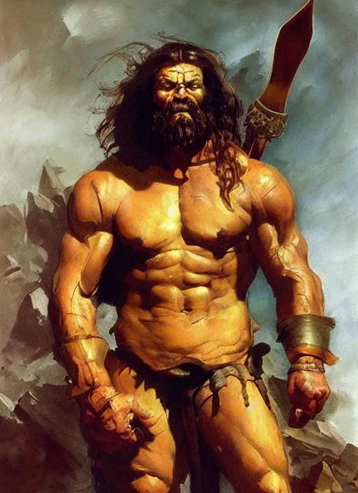 Image similar to portrait of barbarian fighting giant, coherent! by mariusz lewandowski, by frank frazetta, deep color, strong line, high contrast