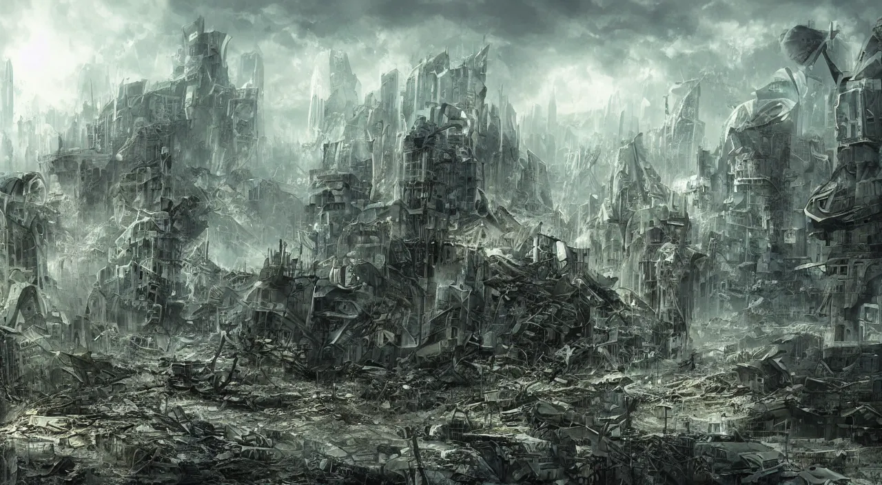 Prompt: damaged city, high - tech, concept art, forest, tornado, war,, high resolution, evil