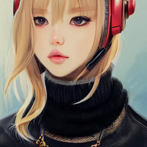 Image similar to realistic beautiful gorgeous natural cute Blackpink Lalisa Manoban blonde hair cute fur blonde cat ears wearing headphones wearing black leather choker in sweaters outfit golden eyes artwork drawn full HD 4K highest quality in artstyle by professional artists WLOP, Taejune Kim, Guweiz, ArtGerm on Artstation Pixiv