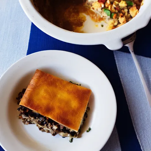 Prompt: a photograph of mousaka, food photography