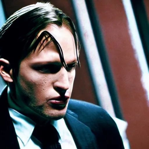 Prompt: Leon Kennedy from Resident Evil as The American Psycho, sweating intensely, cinematic still