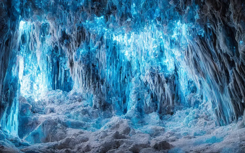 Prompt: photography by marc adamus, interior of a cave, frozen, shining crystals, vibrant lighting, neon blue, beautiful