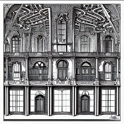 Prompt: A Eternal mansion, by M.C. Escher, Jim Fitzpatrick, Chaotic, Lucid, Cycles, Chromatic Abberation, Dawn