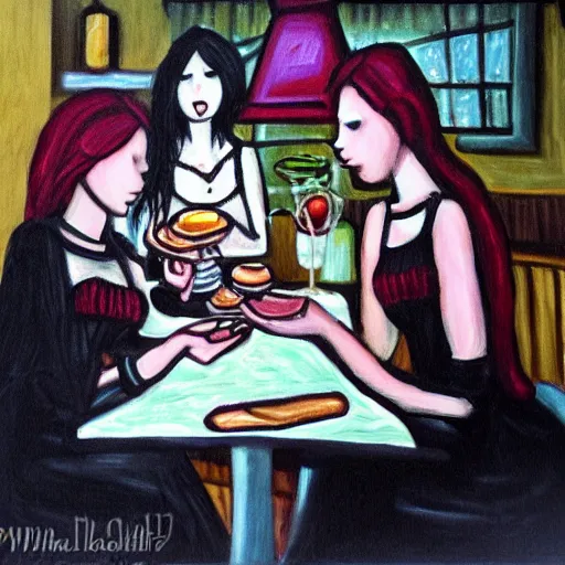 Prompt: gothic ladies cooking at a denny's, painting by piccasso