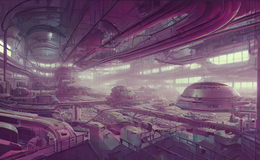 Image similar to Interior shot of a futuristic factory by Petros Afshar and Beeple, James Gilleard, Mark Ryden, Wolfgang Lettl highly detailed