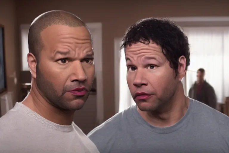 Image similar to key and peele as mark wahlberg and matt daemon, all faces are distorted contorted, shock, repulsion, disgust, frustration, annoyance, laughter, smirk, snicker, cinematic still, movie still, long lens, shallow depth of field, bokeh, anamorphic lens flare, 8 k