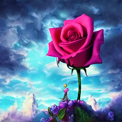 Image similar to ring of giant rose petals, fantasy art, sky in the background, detailed, behrens style