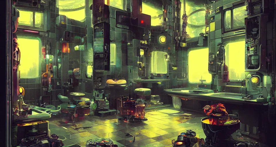 Prompt: IKEA catalogue photo of an epic cyberpunk bathroom, by Paul Lehr, 8k, HD, realistic, cinematic, artstation, details