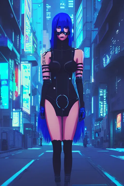 Image similar to digital illustration of cyberpunk pretty girl with blue hair, wearing a black dominatrix outfit, in city street at night, by makoto shinkai, ilya kuvshinov, lois van baarle, rossdraws, basquiat