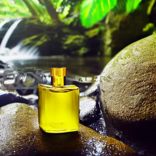 Image similar to perfume bottle sitting on a small clear tropical waterfall, close up shot, upfront, surrounded by tropical leaves, blurred tropical background, softly - lit, soft - warm, zen, light, modern minimalist f 2 0 clean