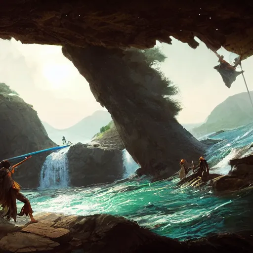 Prompt: two pirates having a sword duel in a rope bridge in front of a large waterfall, digital art, cinematic, vivid colors, elegant, very beautiful, epic, greg rutkowski, atey ghailan, trending on art station