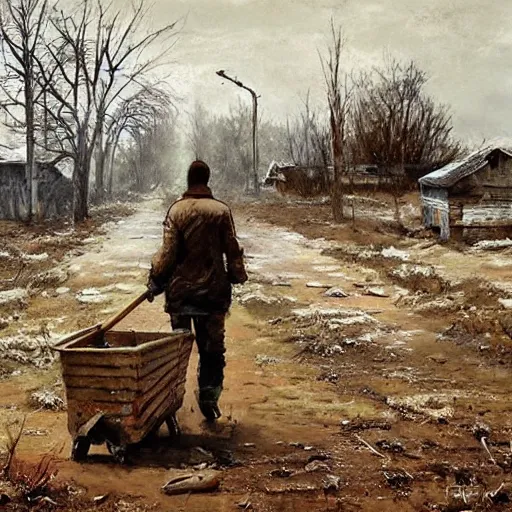 Image similar to painting by jakub rozalski of a person walking with a wheelbarrow in an abandoned post soviet town infested with root monsters