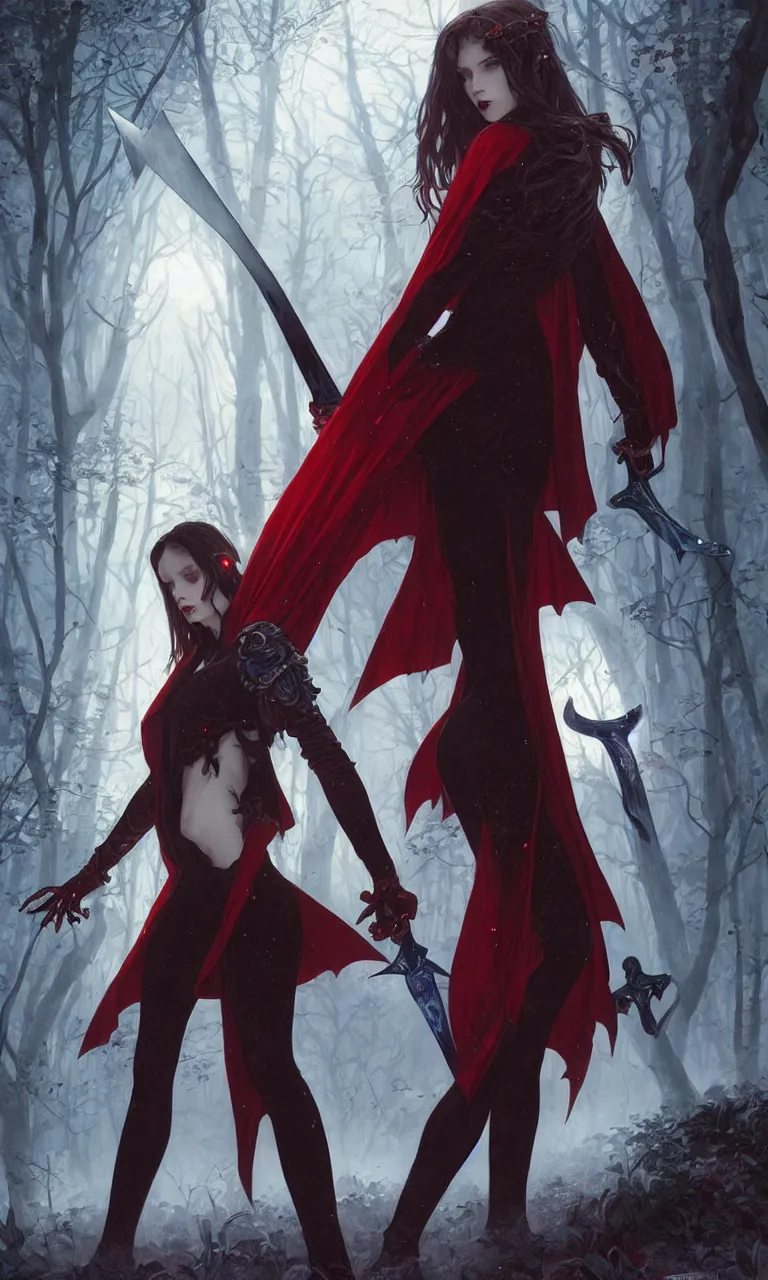 Prompt: full figure, full body, female vampire, pale skin, red jacket, holding a sword wrapped in blue sparkling magic, walking towards the camera, camera pulled back far, detailed illustration, intricate details, surrounded by zombies, 8 k post processing, scary atmospheric lighting, photoshop, art by artgerm and greg rutkowski and alphonse mucha