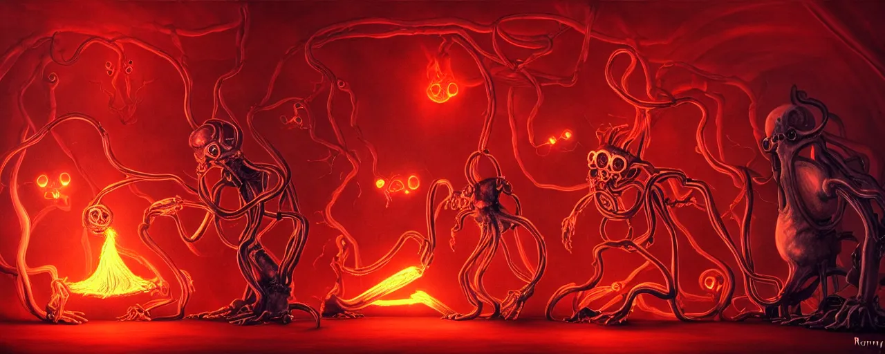 Prompt: uncanny alchemist chthonic creatures inside a visceral arterial alchemical lab within the left ventricle of a human heart, dramatic lighting fiery red lighting, surreal fleischer cartoon characters, surreal painting by ronny khalil