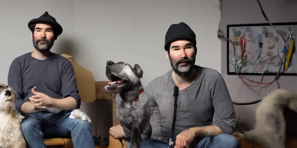 Image similar to adam buxton in a studio interviewing a dog, dog talking, clever dog in hat, interesting expressions, minimal, photorealistic