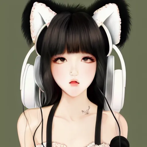 Image similar to realistic beautiful gorgeous natural cute Blackpink Lalisa Manoban black hair cute fur black cat ears, wearing white camisole summer outfit, headphones, black leather choker artwork drawn full HD 4K highest quality in artstyle by professional artists WLOP, Aztodio, Taejune Kim, Guweiz on Pixiv Artstation