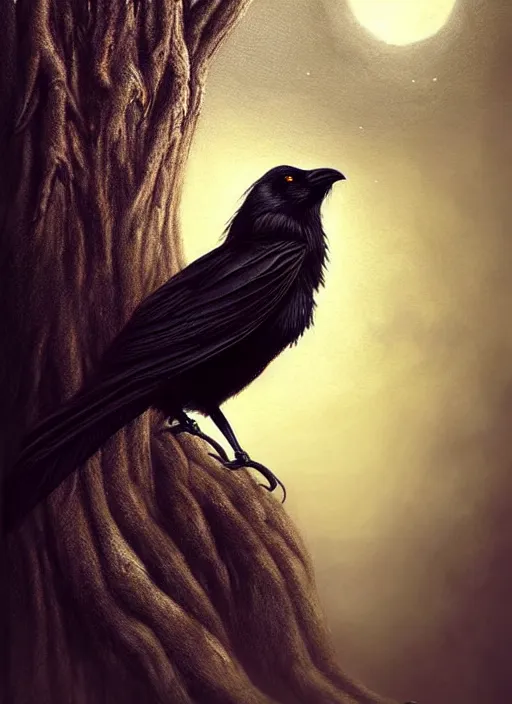 Image similar to side portrait dark crow on tree in front of the full big moon, fine art, awesome fantasy book cover on Pinterest, award winning, fantasy forest landscape, fantasy magic, dark golden light night, intricate, elegant, sharp focus, illustration, highly detailed, digital painting, concept art, matte, art by WLOP and Artgerm and Greg Rutkowski, masterpiece, trending on artstation