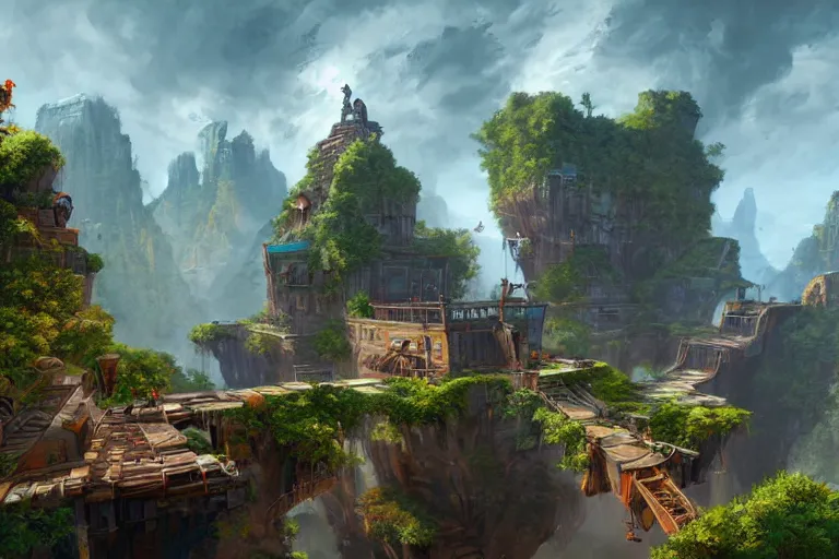 Image similar to collaborative environment concept art by Tyler Edlin, Andy Park, Feng Zhu, James Paick, Ryan Church, in the style of Uncharted