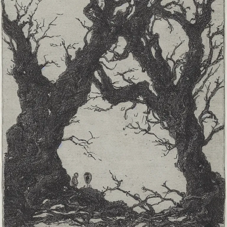 Prompt: etching of a hanged man to a dead tree by jacques callot, HD very detailed and very precise