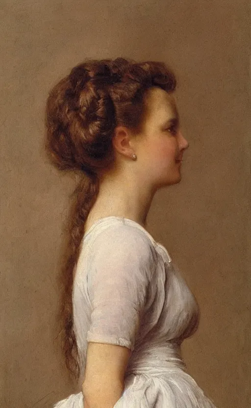 Image similar to portrait by eugen von blaas!!! of a woman!! with brown!! hair!! bun hair! slight smile! dreamy, lovely, bubbly