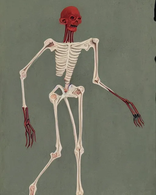 Image similar to Painting of a pale, emaciated, and lanky humanoid creature. It has long bony arms and legs and its ribs are visible. It had sharp teeth and claws with pale milky eyes; snow, woods, blood