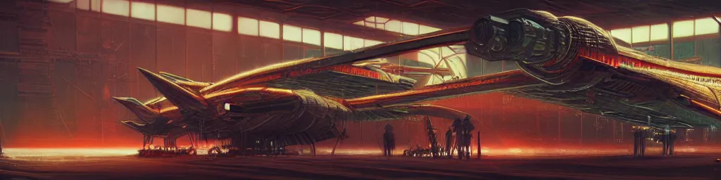 Prompt: concept art, retro - futurist steampunk pilot, airship hangar, imperious, octane render, artstation, dramatic neon lighting, glowing imperial motifs, eerie, mysterious, red turquoise accents, bladerunner, by gerald brom, james jean, syd mead, akihiko yoshida, cinematic