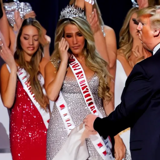 Prompt: Donald Trump losing a beauty pageant and looking sad, wiping away a tear