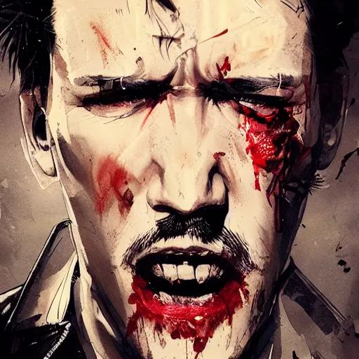 Image similar to portrait of markiplier with an angry expression, blood covering his face, wearing a leather jacket, dramatic lighting, illustration by Greg rutkowski, yoji shinkawa, 4k, digital art, concept art, trending on artstation