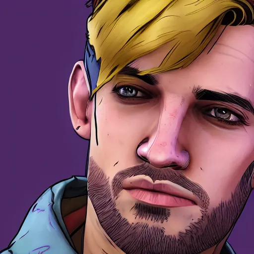 Prompt: a blond young spanish man portrait, borderlands, tales from the borderlands, the wolf among us, comic, cinematic lighting, studio quality, 8 k