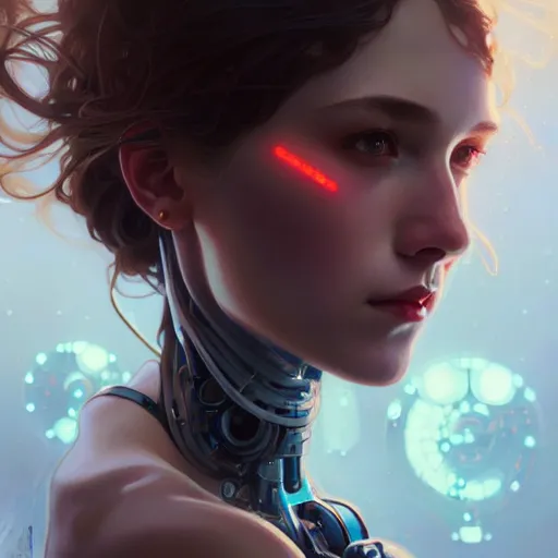 Image similar to portrait of beautiful girl with robot body by artgerm and greg rutkowski and alphonse mucha, close up, portrait, cinematic, elegant, artstation, intricate, highly detailed, digital painting, artstation, concept art, sharp focus, illustration, cyberpunk, cgsociety, 8 k