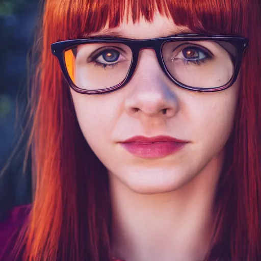 Image similar to dslr photo of velma dinkley, portrait photo, pretty face, real photo, real camera, extreme detailed face and body, high quality, moody lighting, fast paced lines, sharp quality, enchanting lighting, 8 k