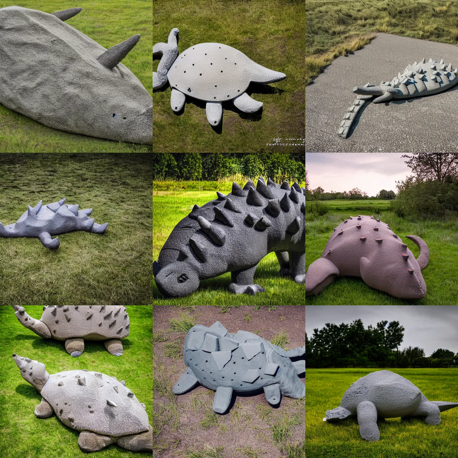 Prompt: a stegosaur reproduction, made of concrete, in a grass field, brutalist style, dslr, soft lighting