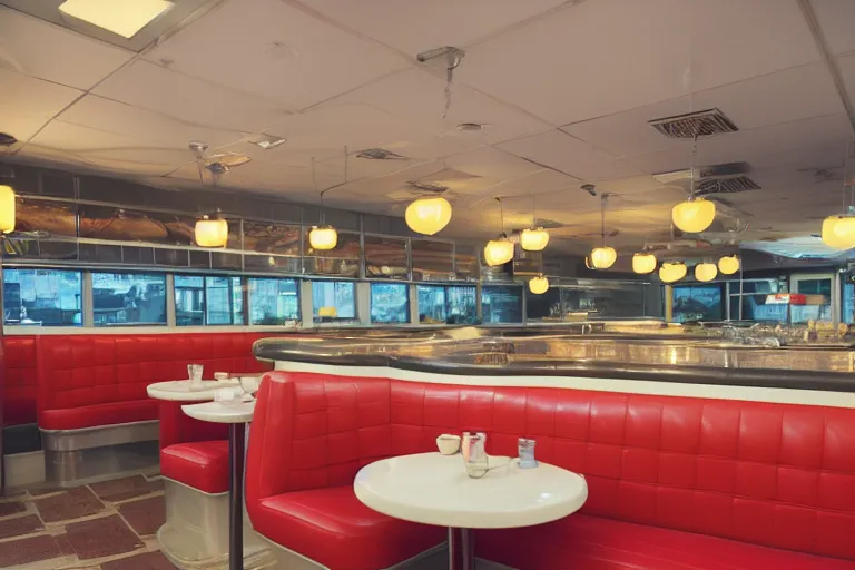 Image similar to 2001 y2k diner, extending forever into the infinite horizon 85mm f/11 interior photography two point perspective