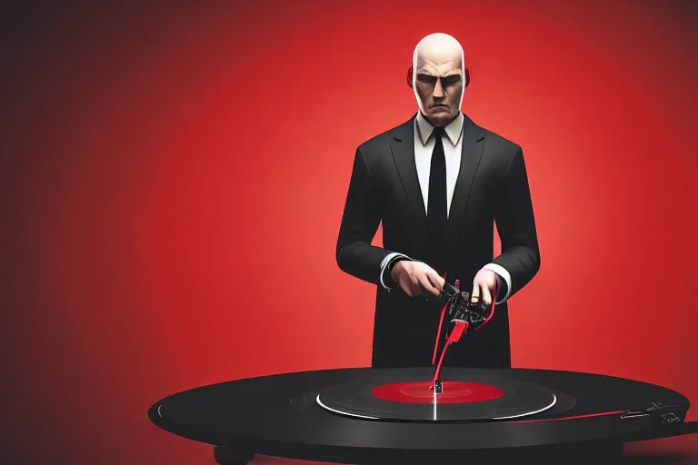 Prompt: a portrait of agent 4 7 from hitman wearing headphones and putting a vinyl record onto a turntable, dark background, red rim light, digita, l