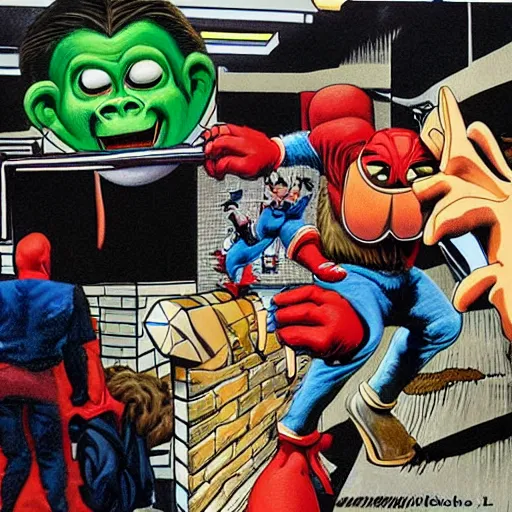 Image similar to beautiful lifelike painting of mf doom and donkey kong bullying peter parker in highschool, hyperreal detailed facial features and uv lighting, art by ed roth and basil wolverton