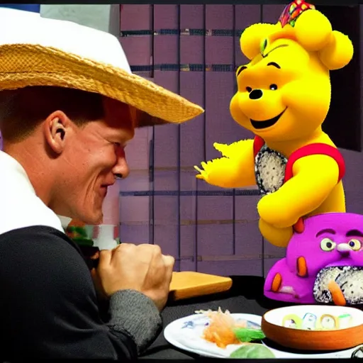 Image similar to John Cena wearing a sombrero eating sushi with Winnie the Poo